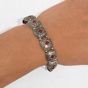 VTG Silver Tone Square Red Cross Charm Stretch Bracelet Costume Jewelry